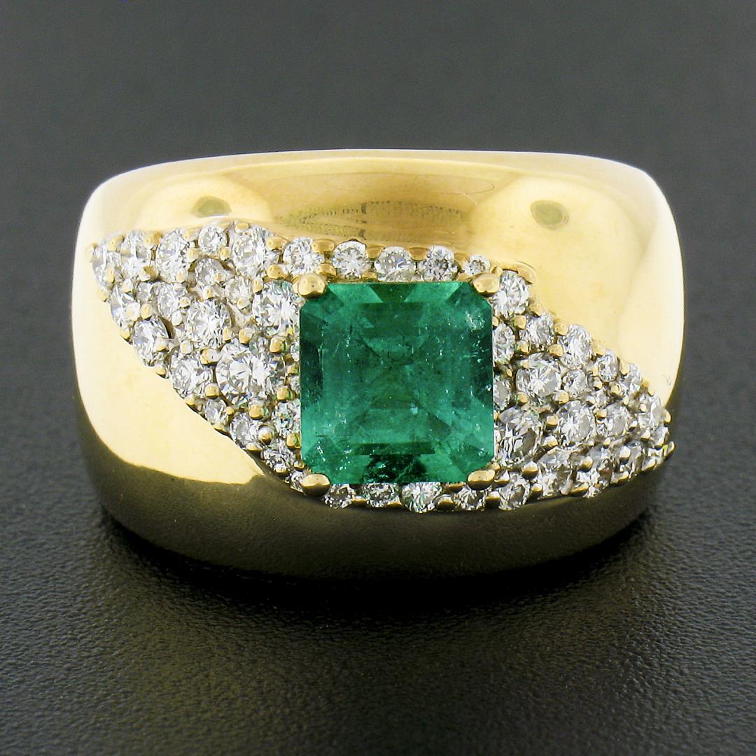 Estate 14k Gold 2 ctw Green Emerald & Diamond Wide Unique Polished Cigar Band Ri