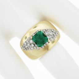 Estate 14k Gold 2 ctw Green Emerald & Diamond Wide Unique Polished Cigar Band Ri
