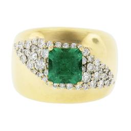 Estate 14k Gold 2 ctw Green Emerald & Diamond Wide Unique Polished Cigar Band Ri