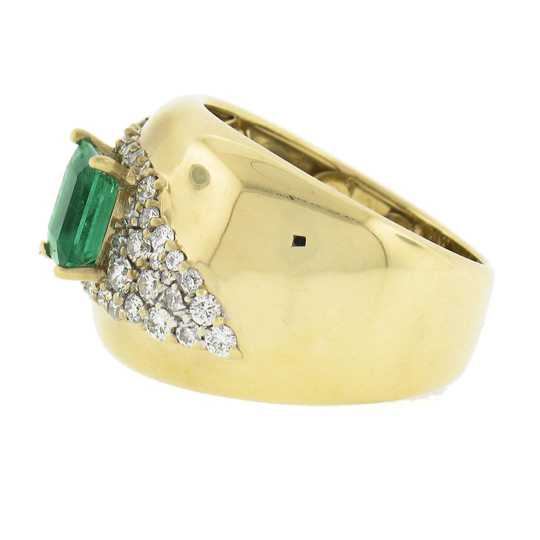 Estate 14k Gold 2 ctw Green Emerald & Diamond Wide Unique Polished Cigar Band Ri