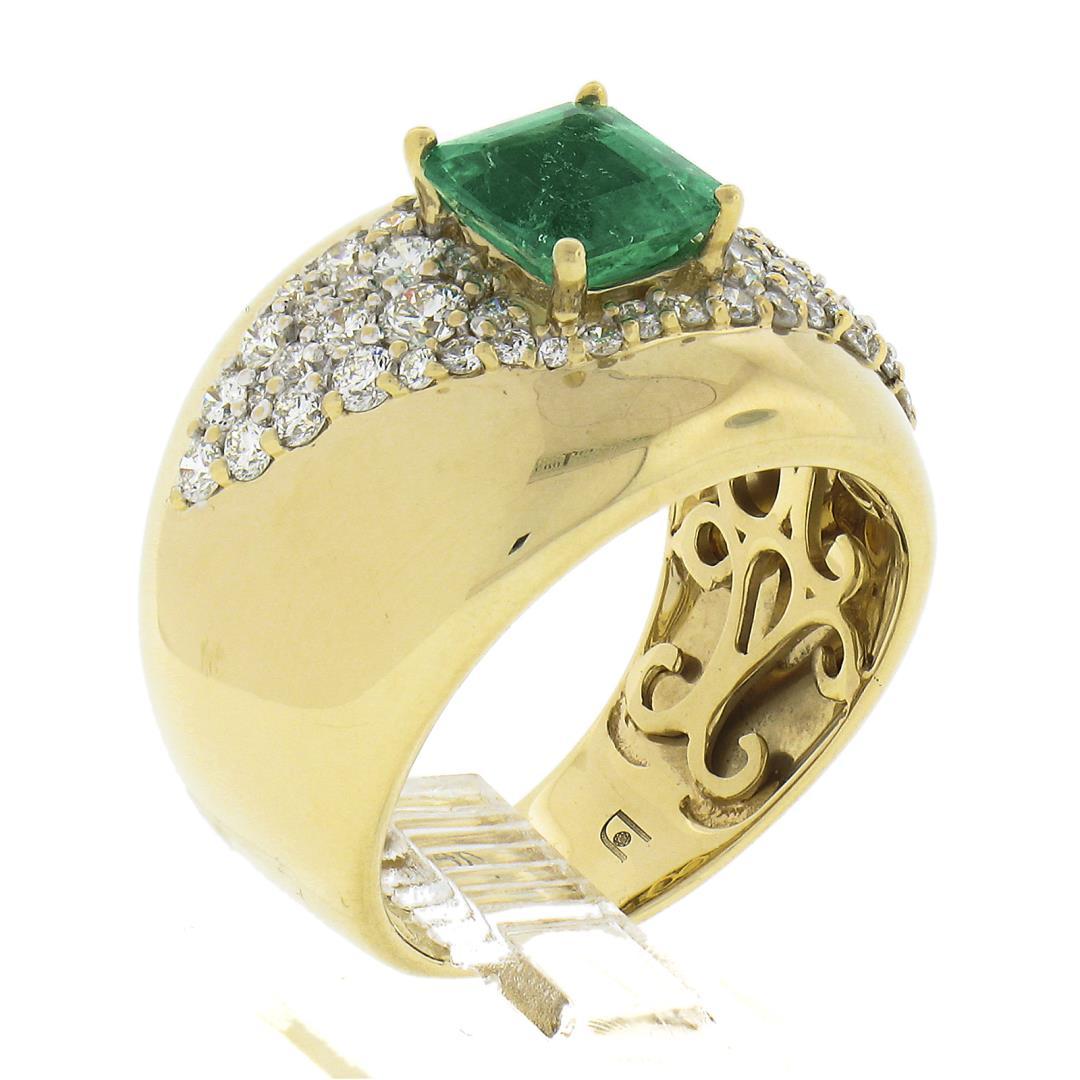 Estate 14k Gold 2 ctw Green Emerald & Diamond Wide Unique Polished Cigar Band Ri