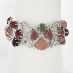 18K Gold Oval Cabochon 49.55 ctw Multi Color Tourmaline Diamond Wide Bracelet