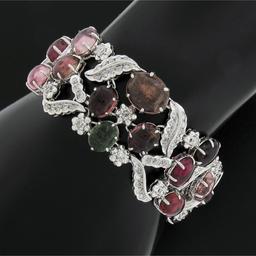 18K Gold Oval Cabochon 49.55 ctw Multi Color Tourmaline Diamond Wide Bracelet