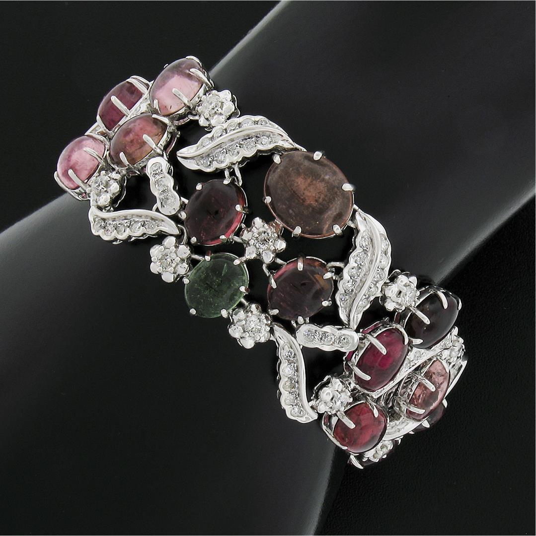 18K Gold Oval Cabochon 49.55 ctw Multi Color Tourmaline Diamond Wide Bracelet