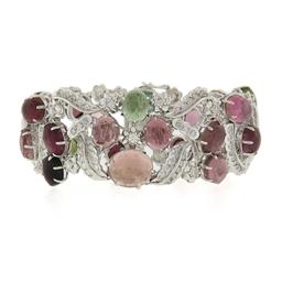 18K Gold Oval Cabochon 49.55 ctw Multi Color Tourmaline Diamond Wide Bracelet