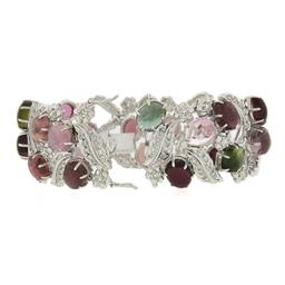 18K Gold Oval Cabochon 49.55 ctw Multi Color Tourmaline Diamond Wide Bracelet