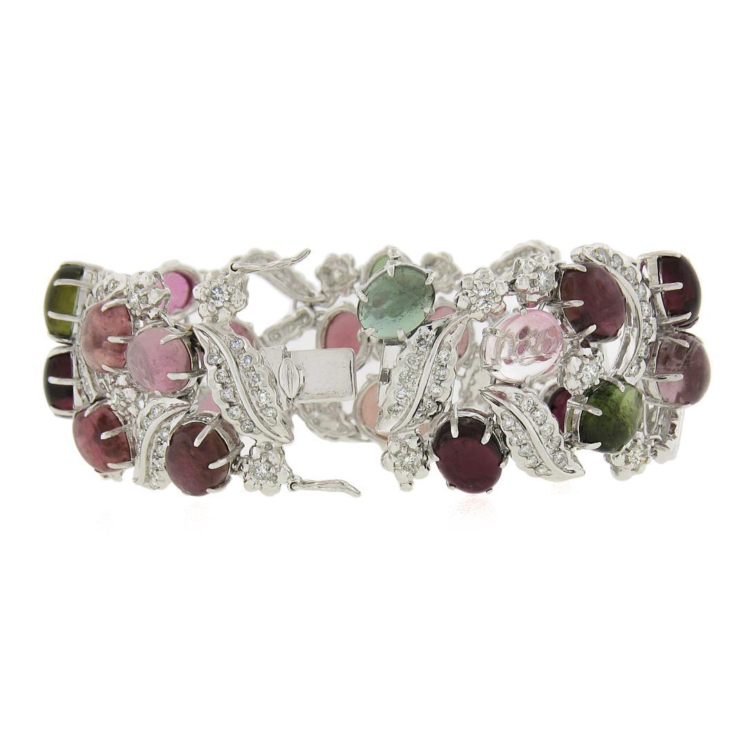 18K Gold Oval Cabochon 49.55 ctw Multi Color Tourmaline Diamond Wide Bracelet