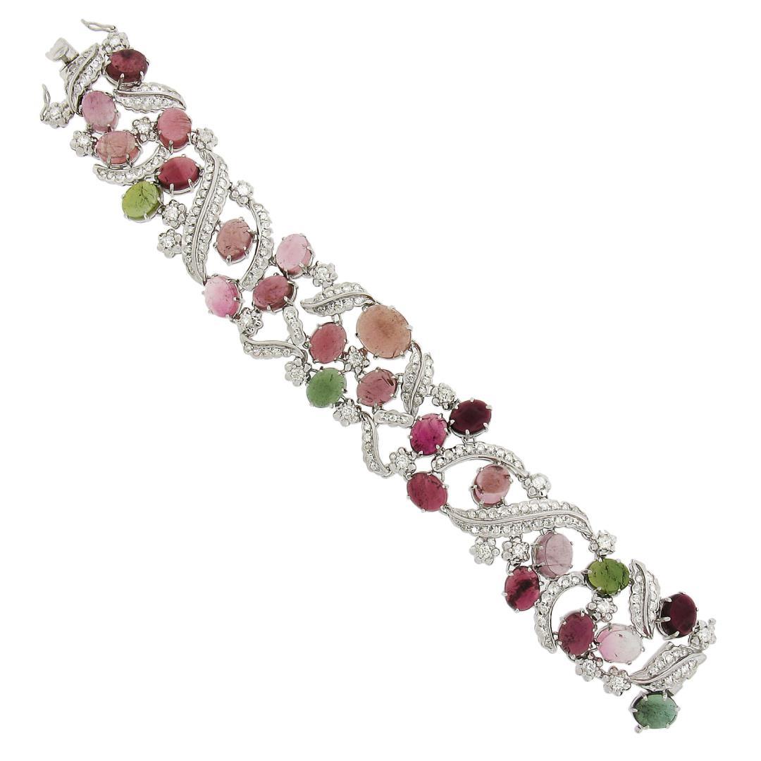 18K Gold Oval Cabochon 49.55 ctw Multi Color Tourmaline Diamond Wide Bracelet