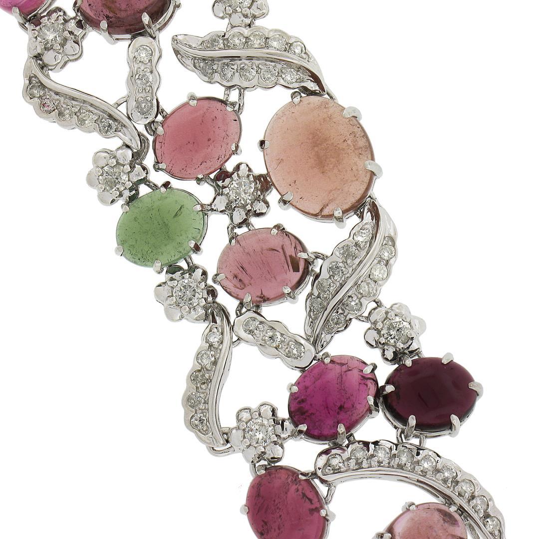 18K Gold Oval Cabochon 49.55 ctw Multi Color Tourmaline Diamond Wide Bracelet