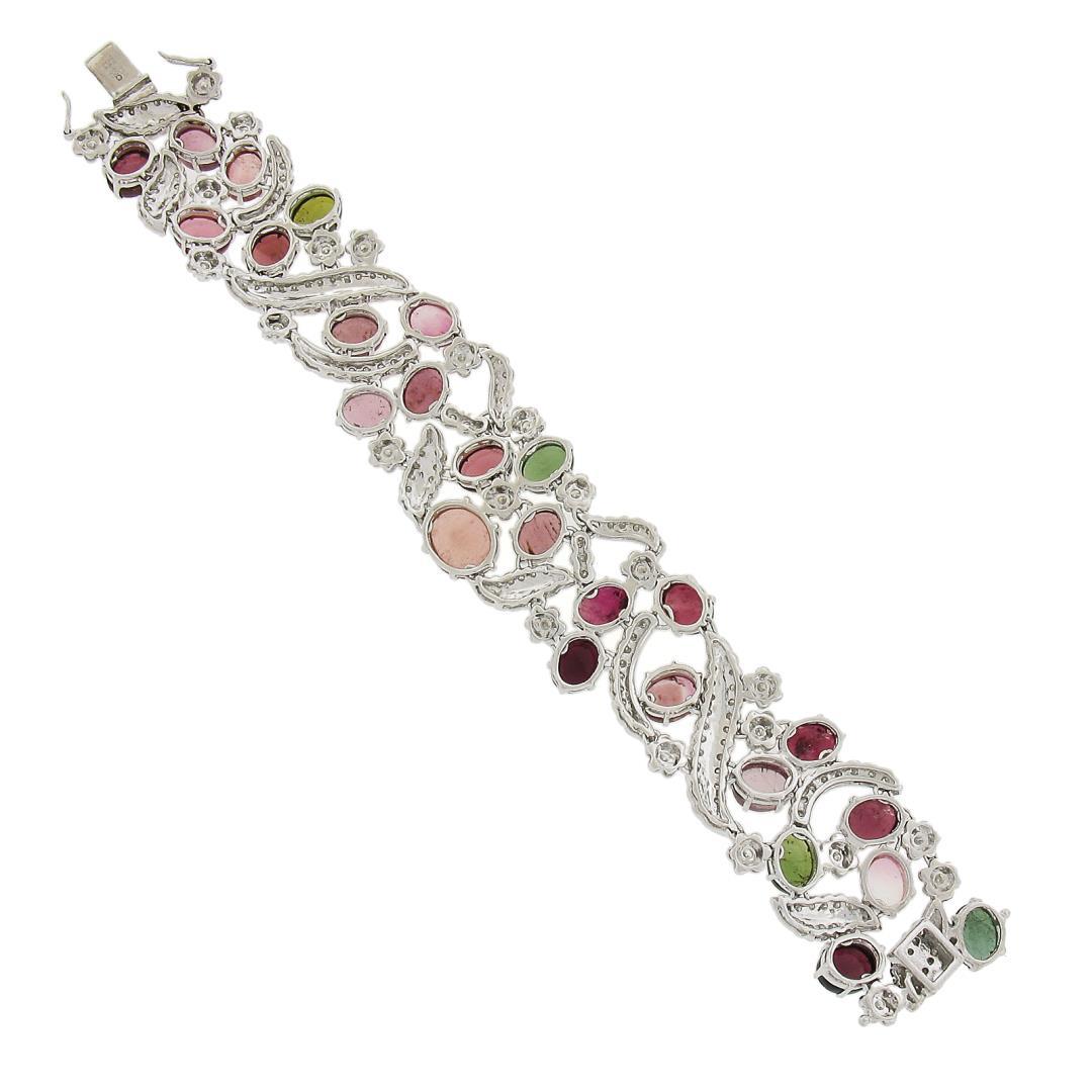 18K Gold Oval Cabochon 49.55 ctw Multi Color Tourmaline Diamond Wide Bracelet