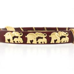 Cassetti 18k Gold Red Enamel Baby & Adult Elephants Hinged Open Bangle Bracelet