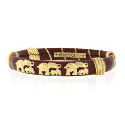 Cassetti 18k Gold Red Enamel Baby & Adult Elephants Hinged Open Bangle Bracelet