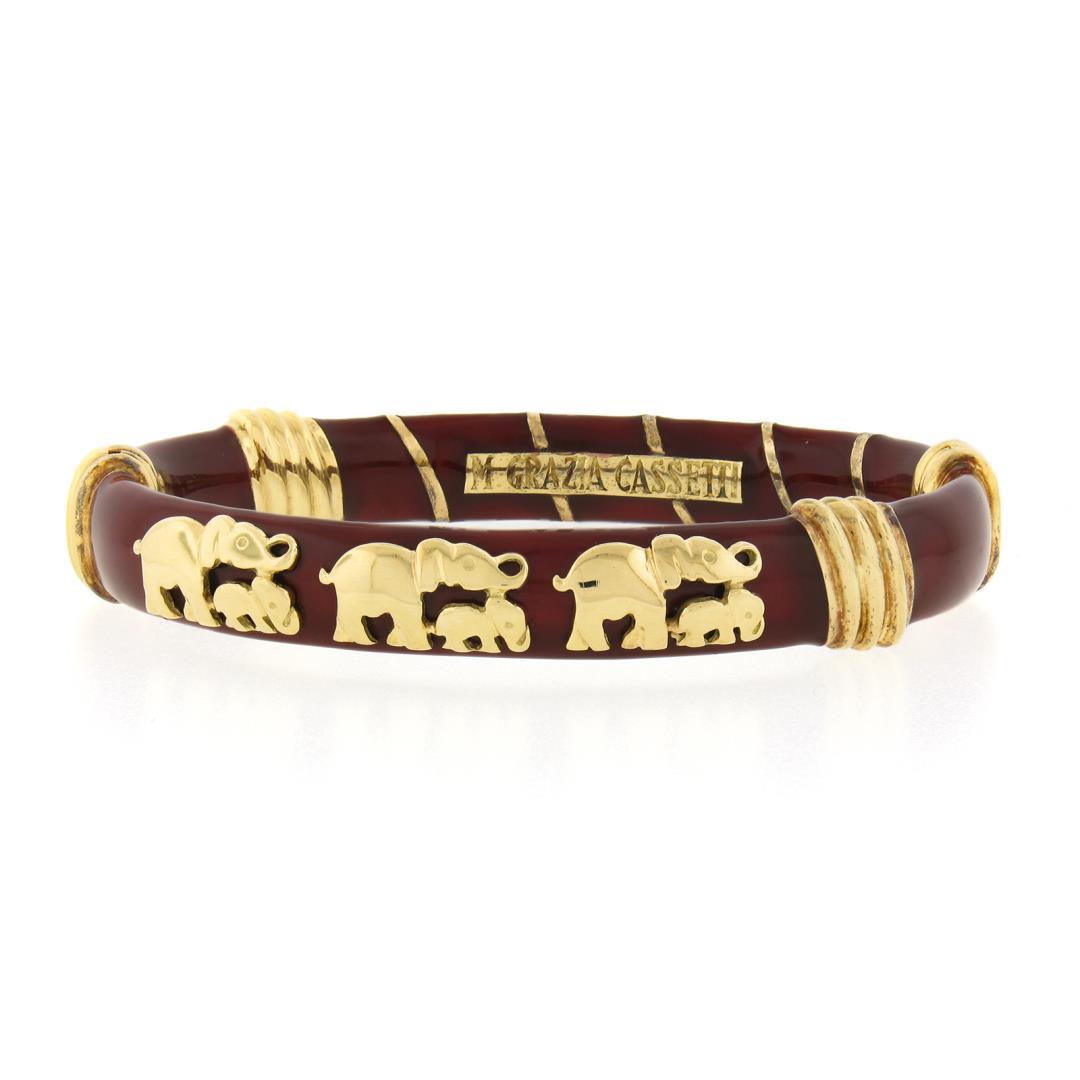 Cassetti 18k Gold Red Enamel Baby & Adult Elephants Hinged Open Bangle Bracelet