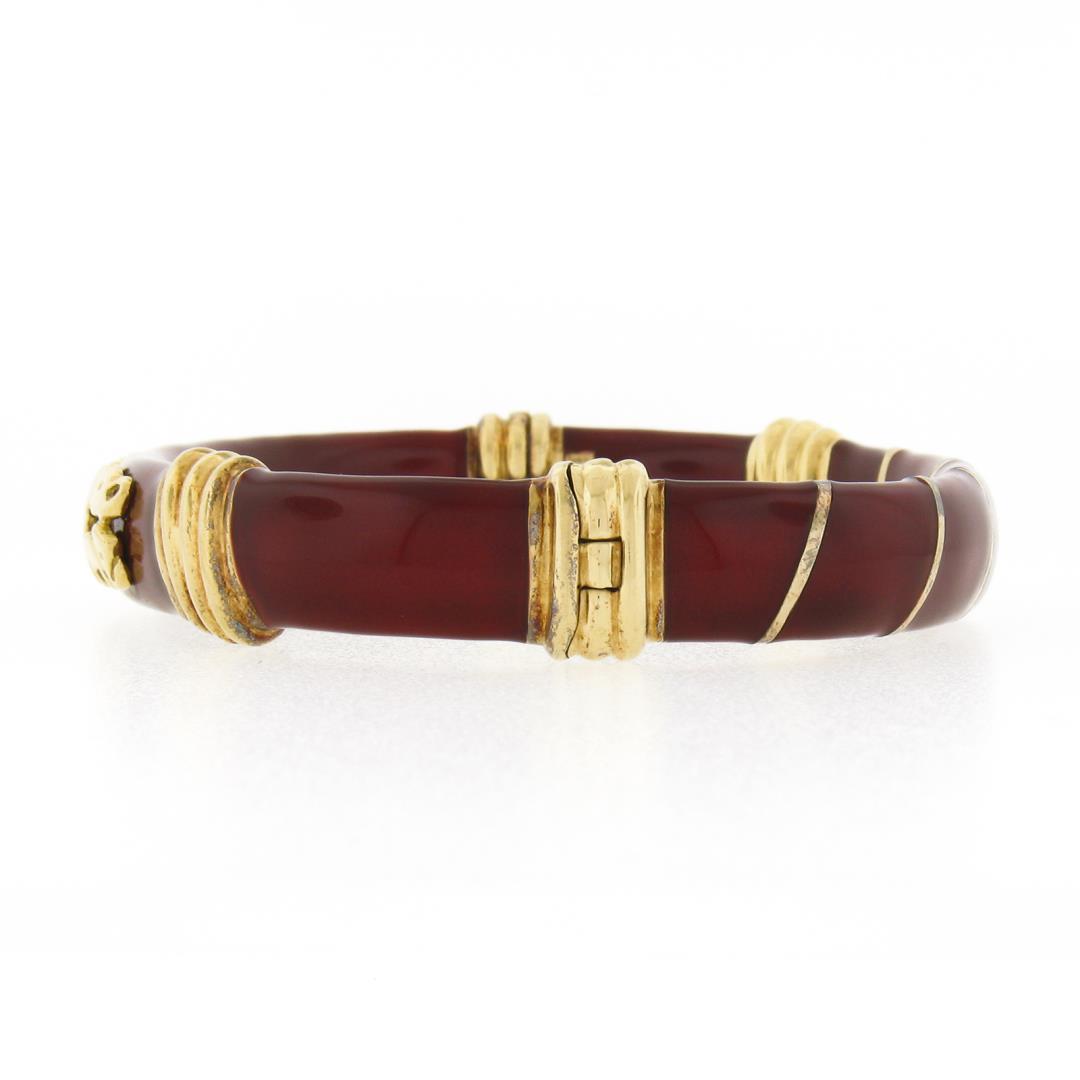 Cassetti 18k Gold Red Enamel Baby & Adult Elephants Hinged Open Bangle Bracelet