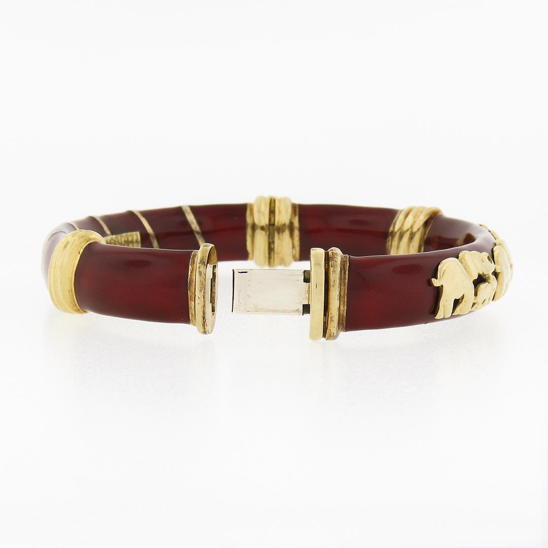 Cassetti 18k Gold Red Enamel Baby & Adult Elephants Hinged Open Bangle Bracelet
