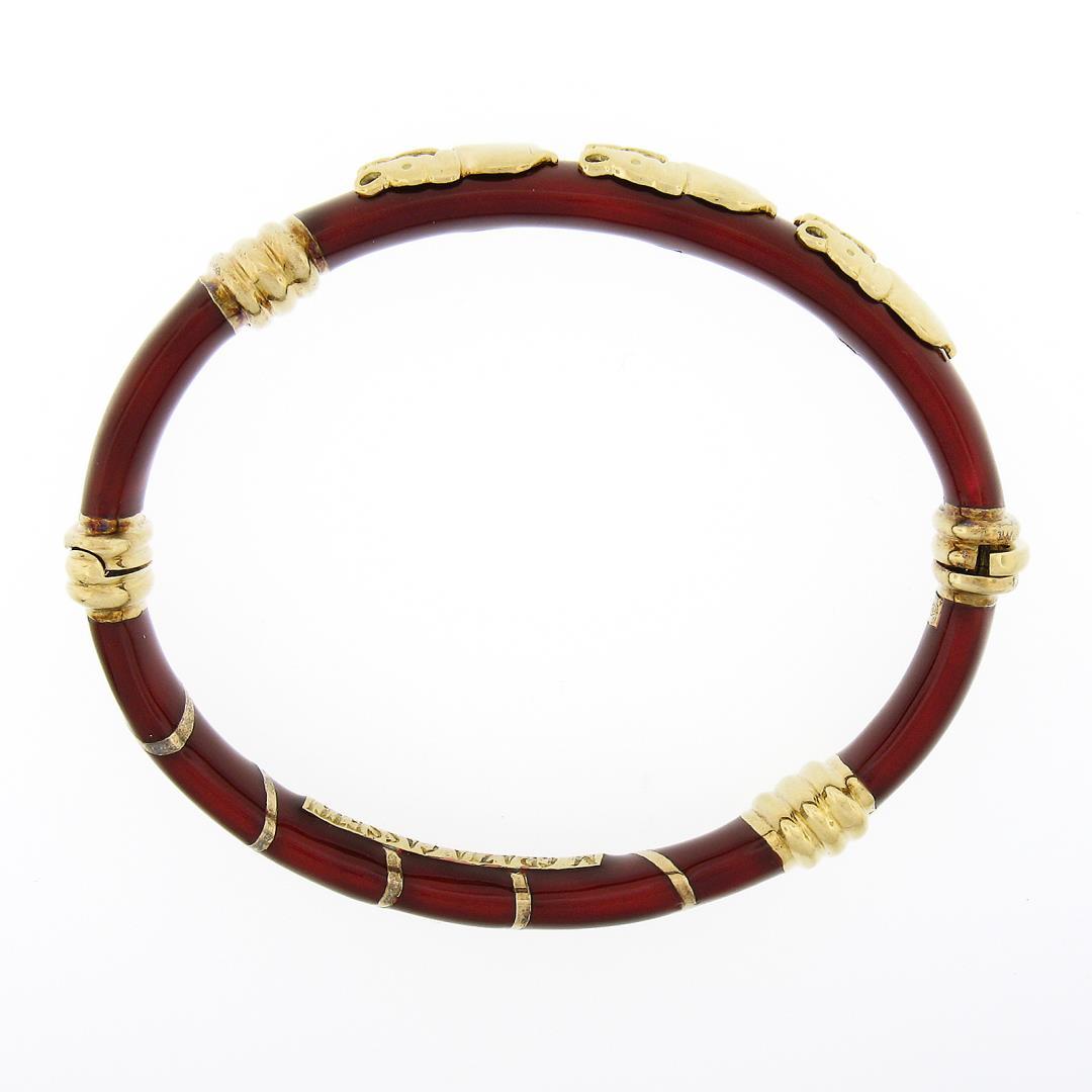 Cassetti 18k Gold Red Enamel Baby & Adult Elephants Hinged Open Bangle Bracelet
