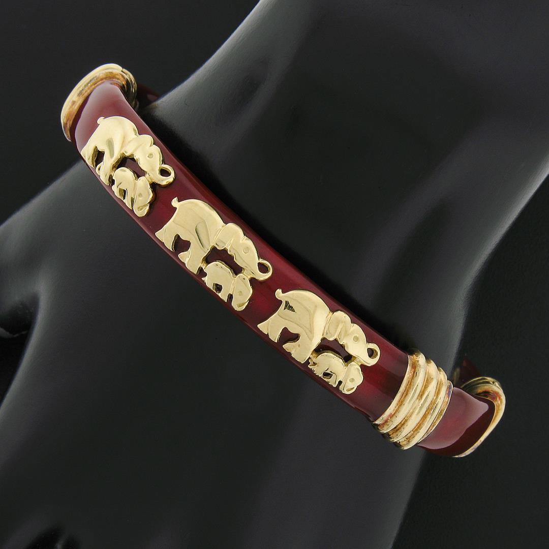 Cassetti 18k Gold Red Enamel Baby & Adult Elephants Hinged Open Bangle Bracelet