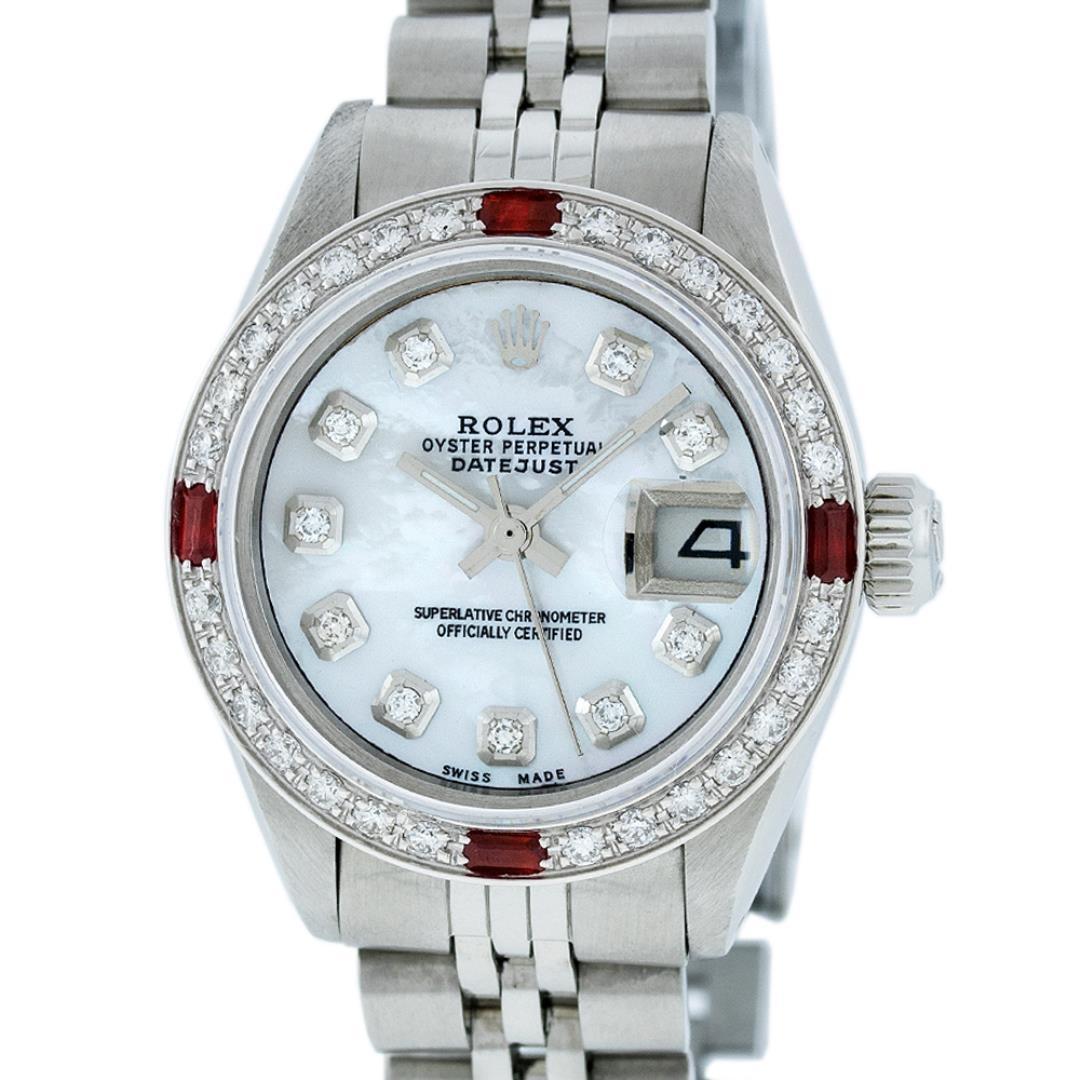 Rolex Ladies Quickset Stainless Steel White Diamond And Ruby 26MM Datejust Wrist