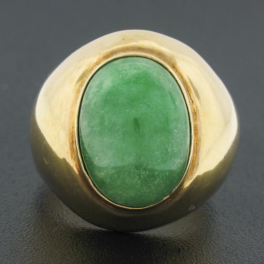 Vintage 14K Yellow Gold Bezel Oval Cabochon Green Jade Polished Wide Band Ring
