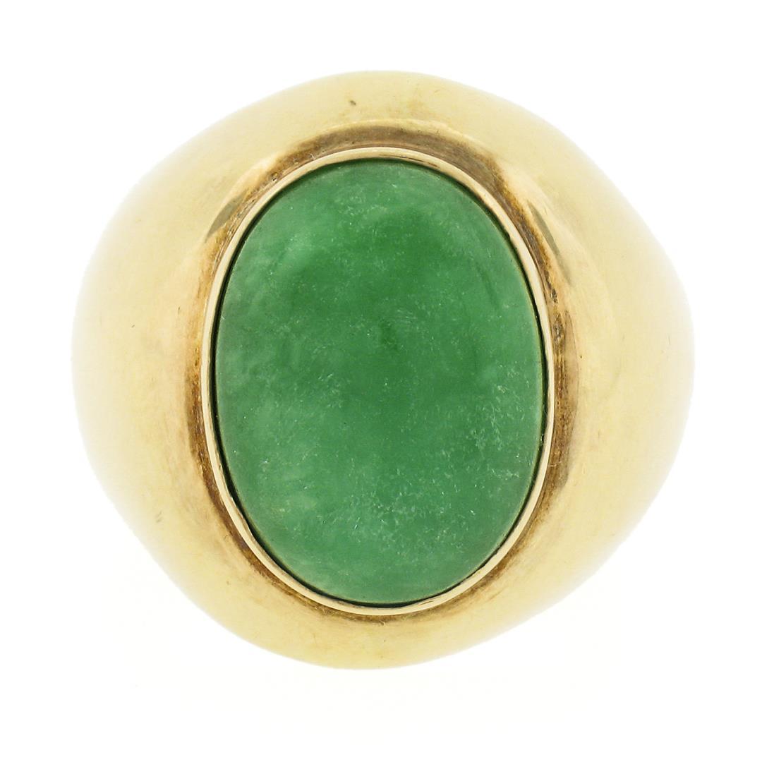Vintage 14K Yellow Gold Bezel Oval Cabochon Green Jade Polished Wide Band Ring