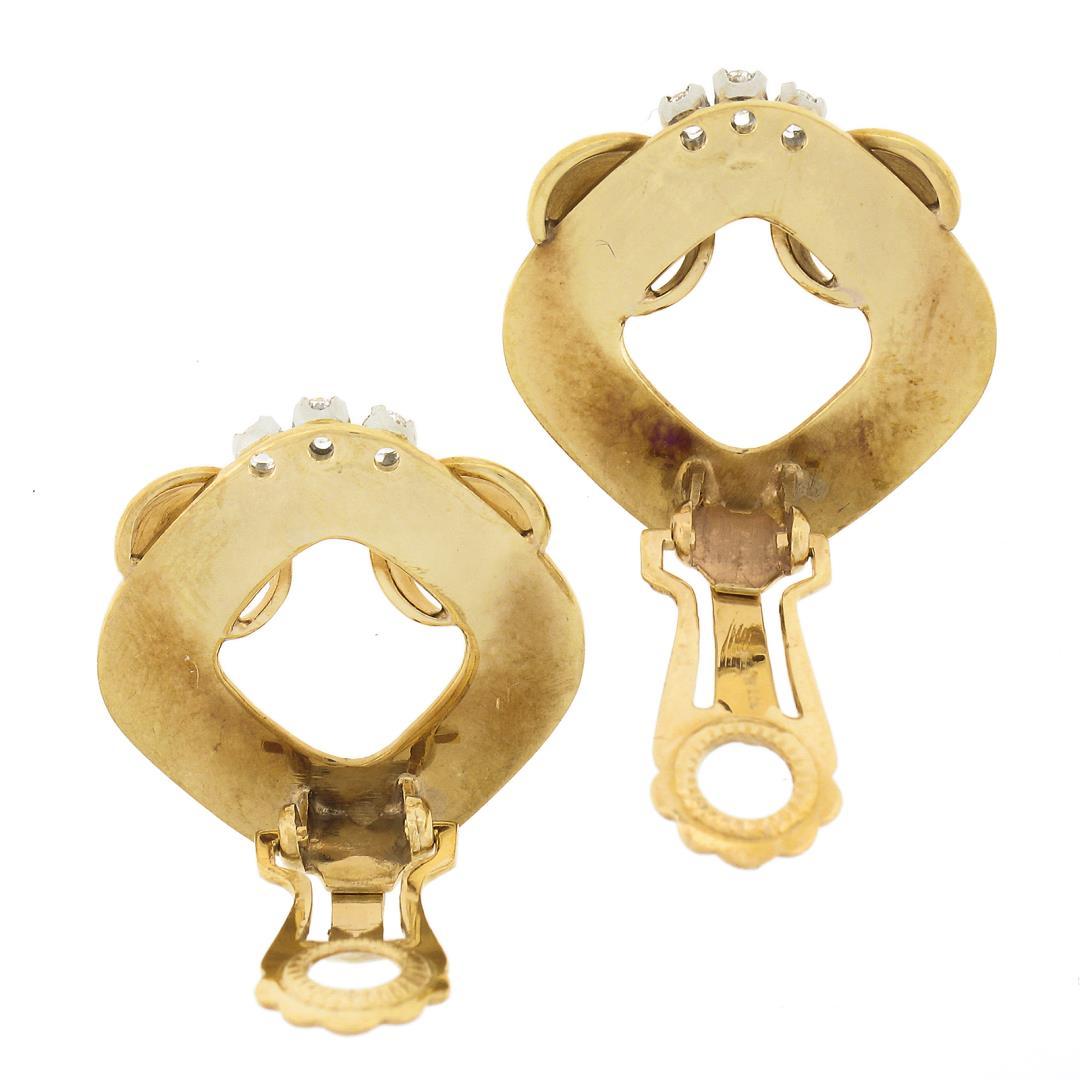 Vintage Retro 14K Gold & Platinum w/ Diamond Grooved Fluted Clip On Earrings