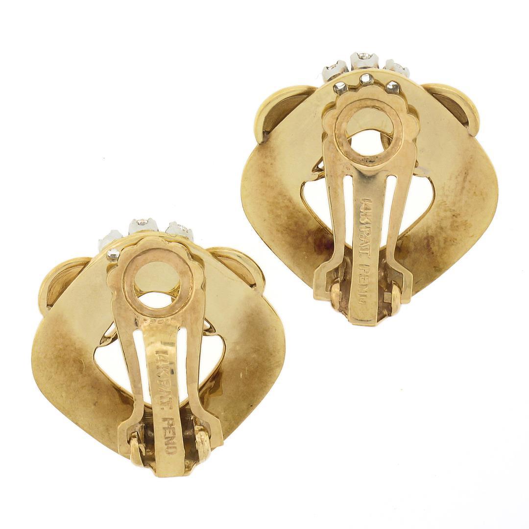 Vintage Retro 14K Gold & Platinum w/ Diamond Grooved Fluted Clip On Earrings
