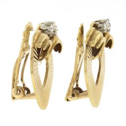 Vintage Retro 14K Gold & Platinum w/ Diamond Grooved Fluted Clip On Earrings