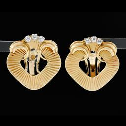 Vintage Retro 14K Gold & Platinum w/ Diamond Grooved Fluted Clip On Earrings