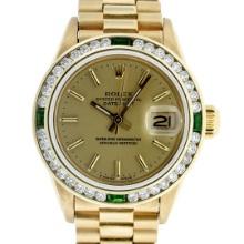 Rolex Ladies 18K Yellow Gold Emerald And Champagne Index President Wristwatch