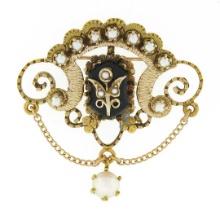 Victorian Revival 14K Gold Black Onyx Seed Cultured Pearl Dangle Brooch Pendant