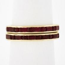 Pair of 18k Gold Channel GIA Vivid Red Burma Ruby Eternity Stack Band Guard Ring