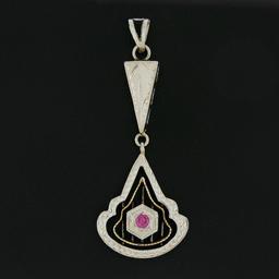 Antique 18K TT Gold Pave Pink Stone Dangle Engraved Open Filigree Work Pendant