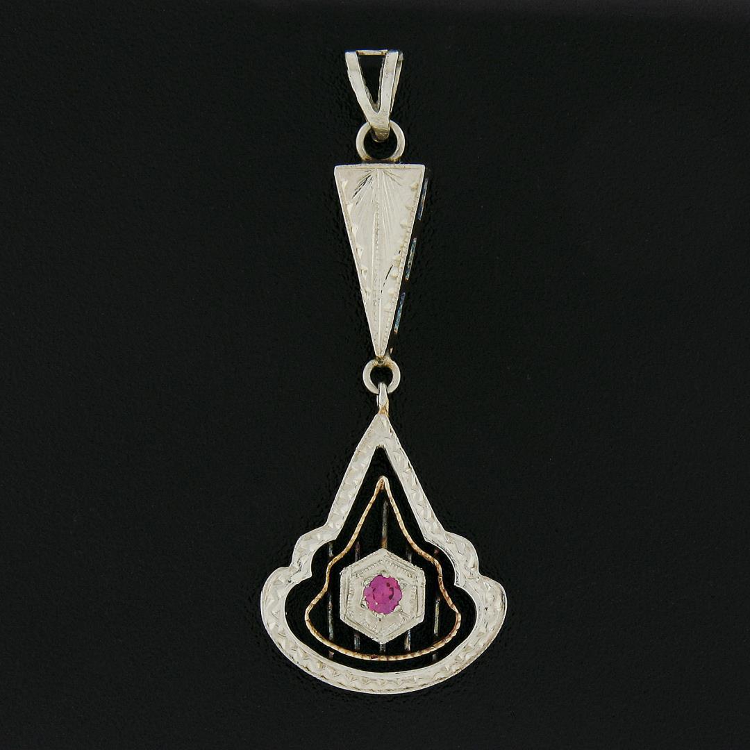 Antique 18K TT Gold Pave Pink Stone Dangle Engraved Open Filigree Work Pendant