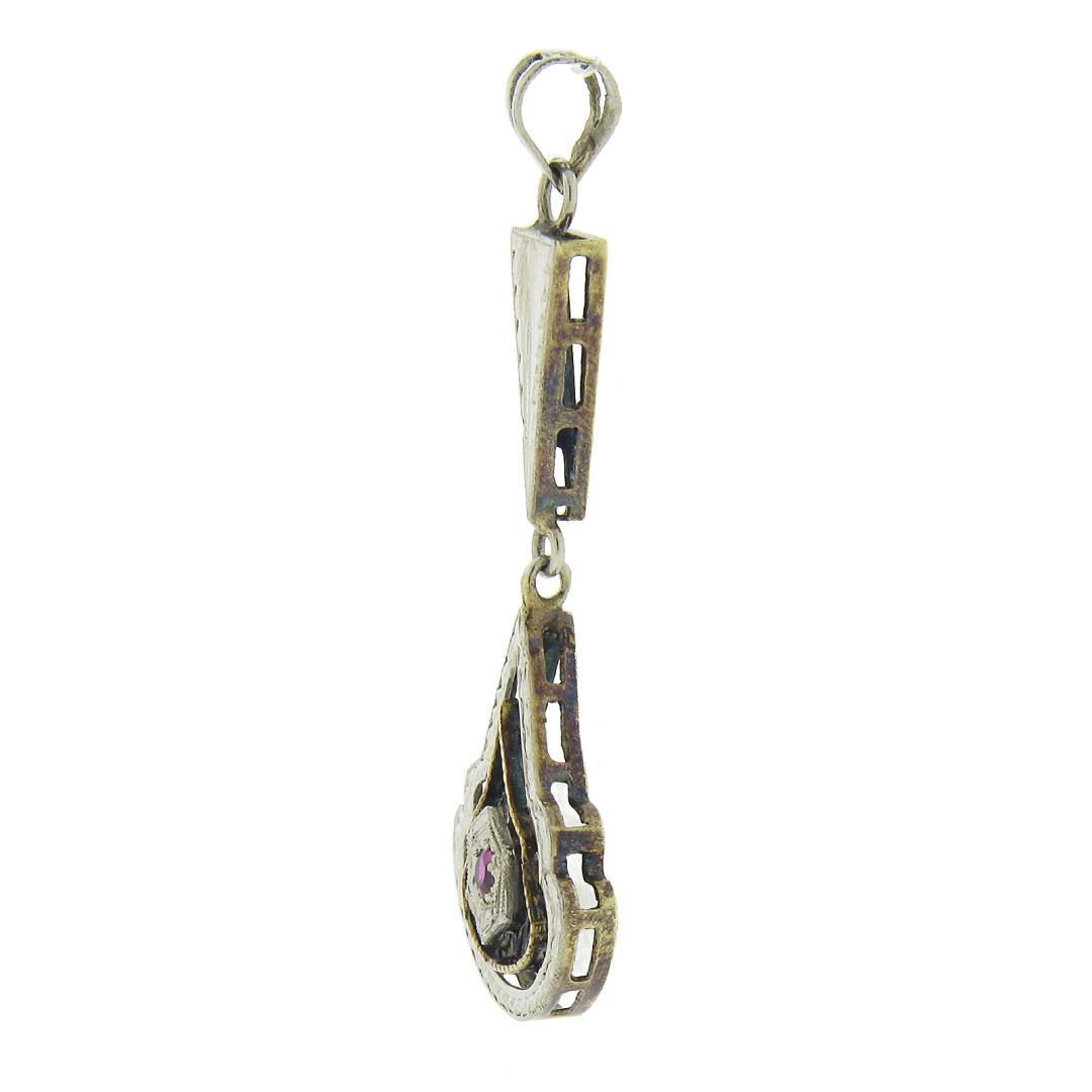 Antique 18K TT Gold Pave Pink Stone Dangle Engraved Open Filigree Work Pendant