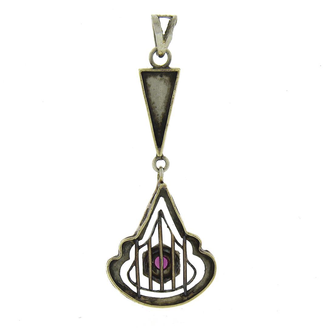 Antique 18K TT Gold Pave Pink Stone Dangle Engraved Open Filigree Work Pendant