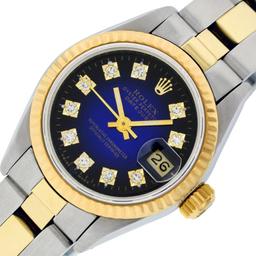Rolex Ladies Quickset Two Tone Blue Vignette Diamond Oyster Band Datejust Wristw