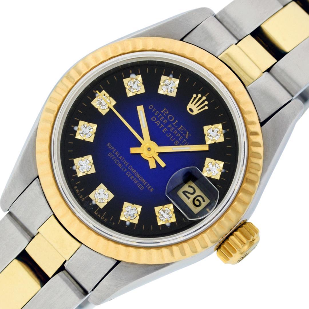 Rolex Ladies Quickset Two Tone Blue Vignette Diamond Oyster Band Datejust Wristw