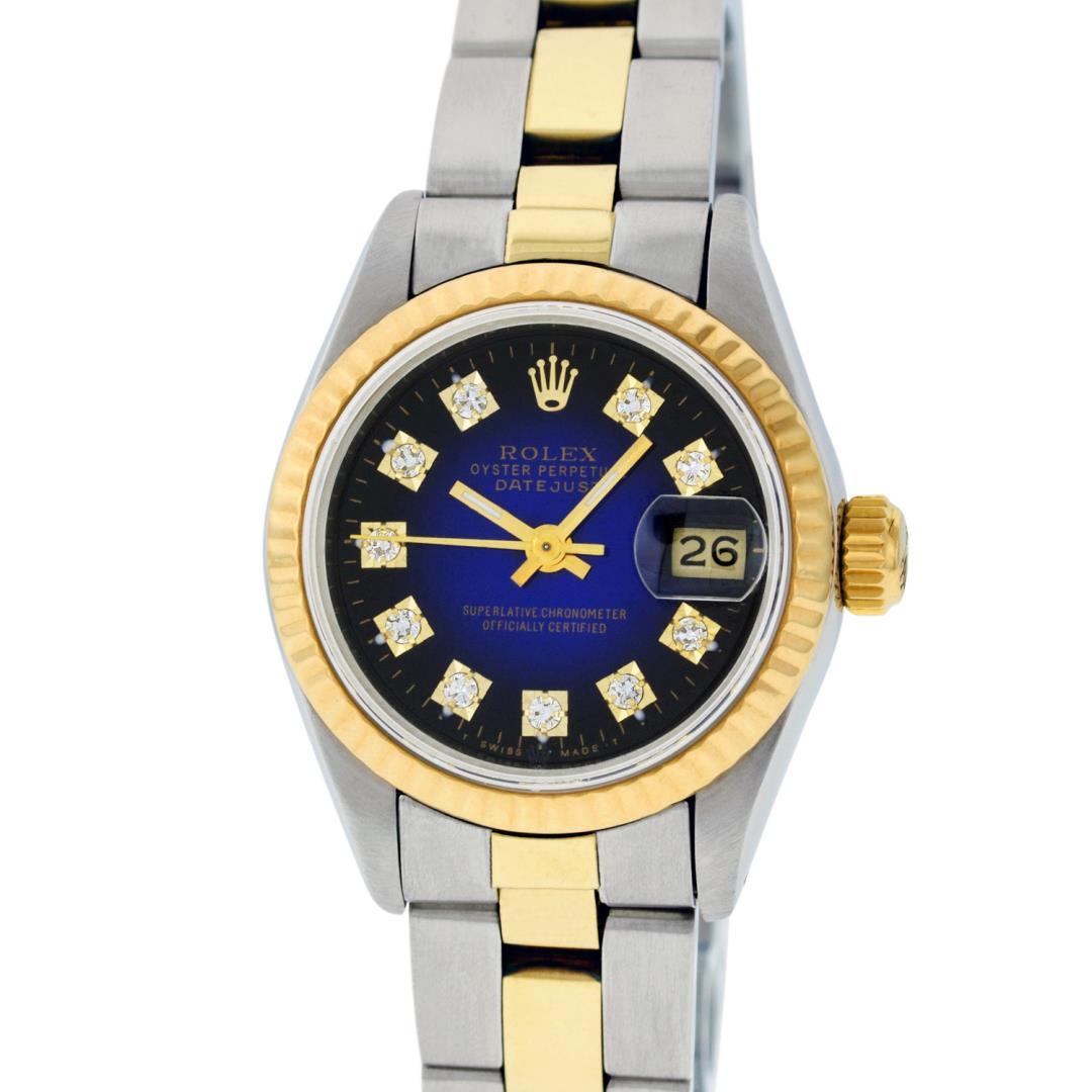 Rolex Ladies Quickset Two Tone Blue Vignette Diamond Oyster Band Datejust Wristw