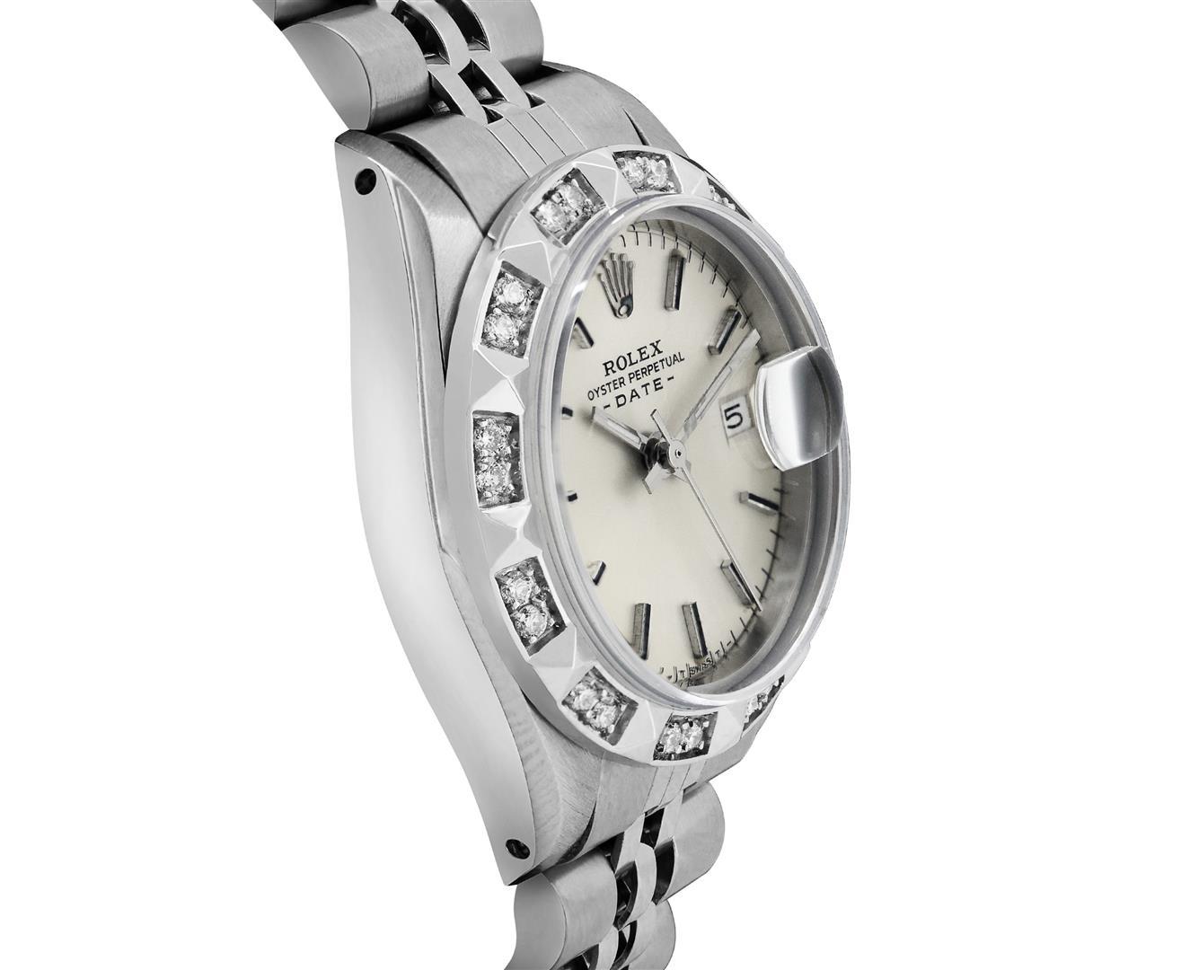 Rolex Ladies Stainless Steel Silver Index White Gold Pyramid Diamond Bezel Date