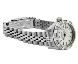 Rolex Ladies Stainless Steel Silver Index White Gold Pyramid Diamond Bezel Date