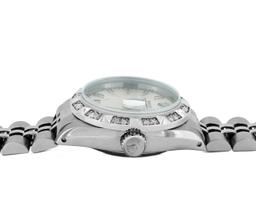 Rolex Ladies Stainless Steel Silver Index White Gold Pyramid Diamond Bezel Date