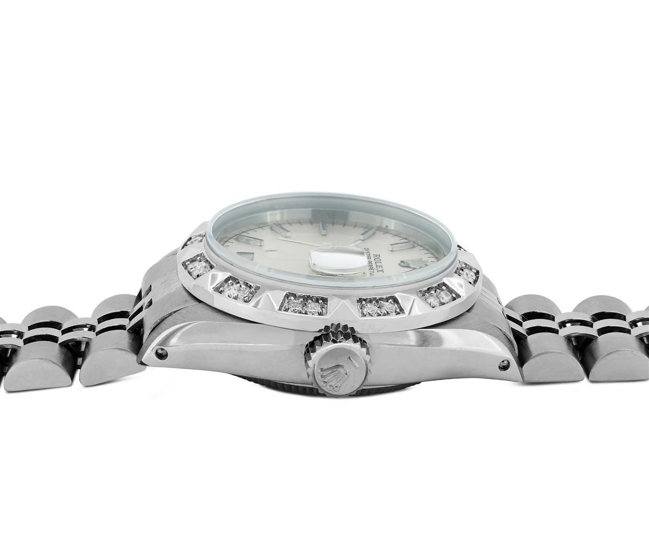 Rolex Ladies Stainless Steel Silver Index White Gold Pyramid Diamond Bezel Date