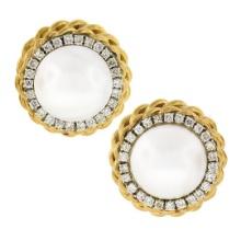 Vintage 18K Gold Large Mabe Pearl Diamond Halo Twisted Wire Work Button Earrings