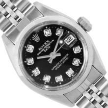 Rolex Ladies Stainless Steel Black Diamond Smooth Bezel Date Wristwatch 26MM