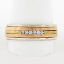 Vintage Mens 14k Multi Tone Gold 0.10 ctw Channel Set Diamond Grooved Band Ring
