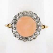 Antique Edwardian 18K Gold Platinum Button Angel Skin Coral w/ Diamond Halo Ring