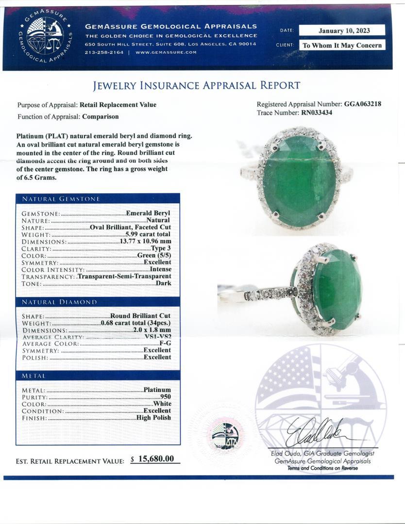 5.99 ctw Emerald and 0.68 ctw Diamond Platinum Ring