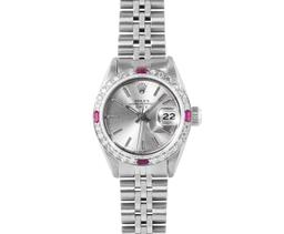 Rolex Ladies Stainless Steel 26MM Silver Index Dial Diamond And Ruby Bezel Date