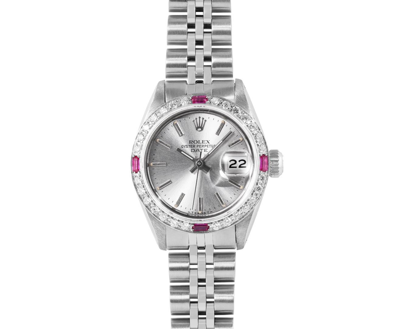 Rolex Ladies Stainless Steel 26MM Silver Index Dial Diamond And Ruby Bezel Date