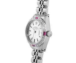 Rolex Ladies Stainless Steel 26MM Silver Index Dial Diamond And Ruby Bezel Date